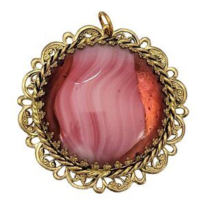 West Germany Gold Tone Filigree Pink Givre Pendant, Signed K226